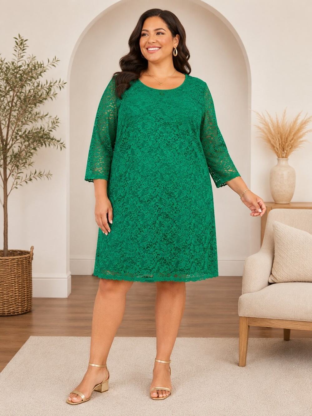 Jessica London Women 34W Green Floral Lace Shift Dress 3/4 Sleeve Plus Size